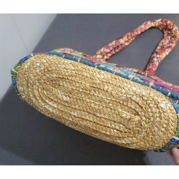 Cappelli Straworld Colorful Beach Tote Straw w/ Multicolor Fabric Boho Festival - Picture 3 of 10